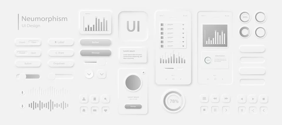 A set of user interface elements for a mobile application in white gray. Stock Illustration