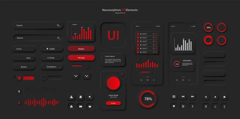 A set of user interface elements for a mobile application in black red. Stock Illustration