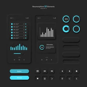 A set of user interface elements for a mobile application in black and blue. Stock Illustration