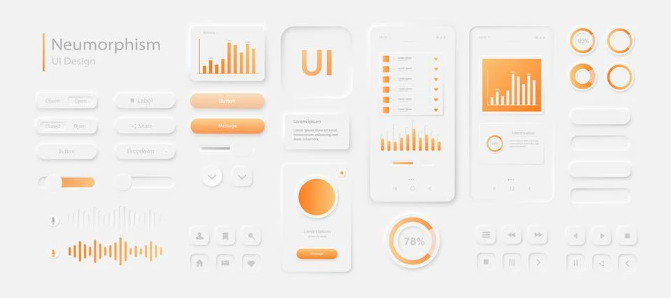 A set of user interface elements for a mobile application in white orange. Stock Illustration