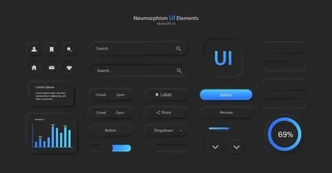 A set of user interface elements for a mobile application in black and blue. Stock Illustration