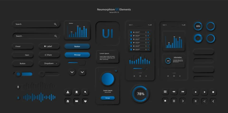 A set of user interface elements for a mobile application in a dark style. イラスト素材