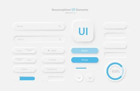 A set of user interface elements for a mobile application in white and blue. Stock Illustration
