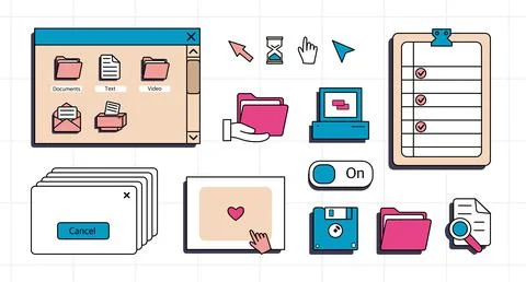 A set of user interface elements, UI and UX themes. In the vaporwave style of 库存插图