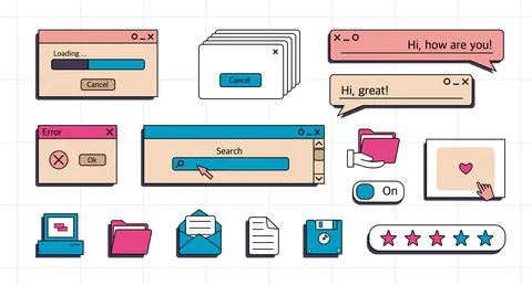 A set of user interface elements, UI and UX themes. In the vaporwave style of 스톡 일러스트