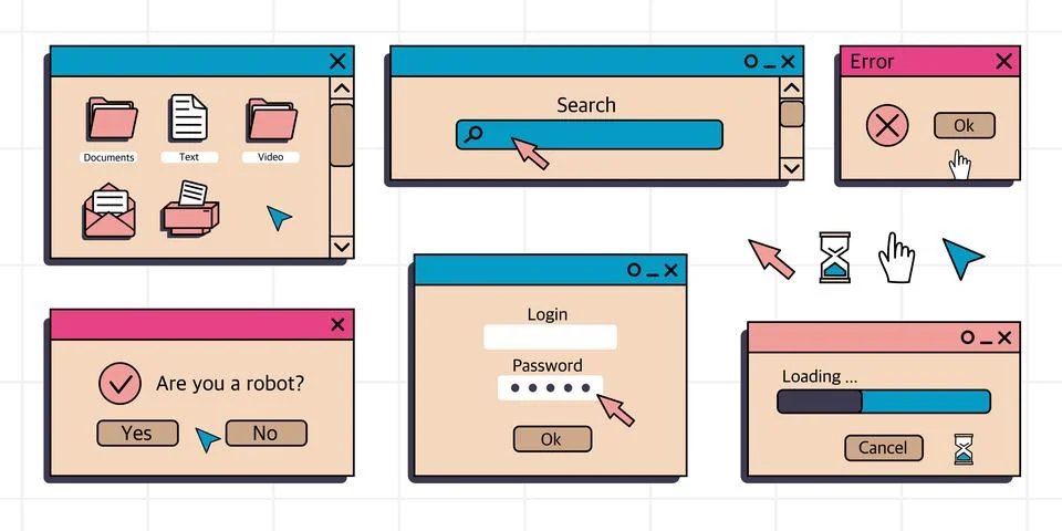 A set of user interface elements, UI and UX themes. In the vaporwave style of Illustrazione stock