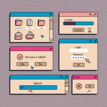 A set of user interface elements, UI and UX themes. In the vaporwave style of Stock Illustration