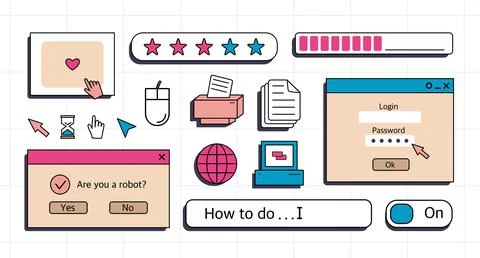 A set of user interface elements, UI and UX themes. In the vaporwave style of Stockillustratie