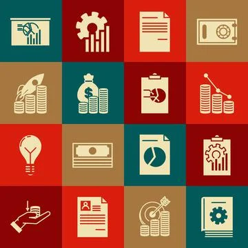 Set User manual, Clipboard with graph chart, Pie infographic and coin, Docume Stock Illustration