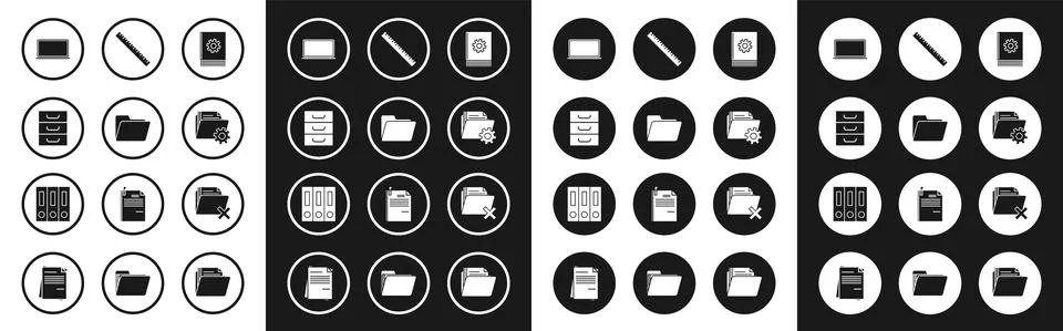 Set User manual, Document folder, Drawer with documents, Laptop, Folder settings Stock Illustration