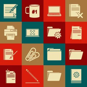 Set User manual, Document folder, File document, Laptop, and cross mark on Illustrazione stock