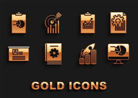 Set User manual, Document with graph chart, Computer monitor, Rocket flying up Stock Illustration