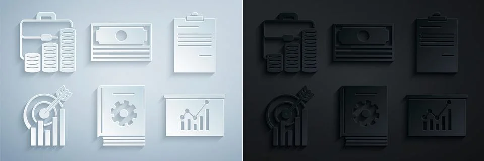 Set User manual, Document, Target with graph chart, Board, Stacks paper money 库存插图