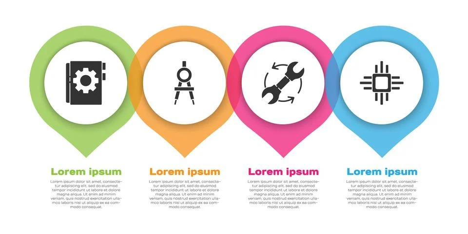 Set User manual, Drawing compass, Wrench and arrows as workflow and Processor Stock Illustration