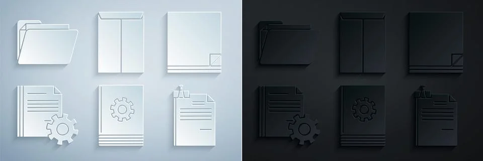 Set User manual, File document, Document settings with gears, and binder clip 스톡 일러스트