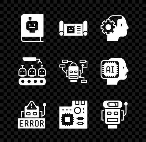 Set User manual, Robot blueprint, Humanoid robot, Error, Motherboard digital Stockillustratie