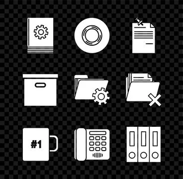Set User manual, Scotch, Note paper with pinned pushbutton, Coffee cup, Tel.. Stock Illustration