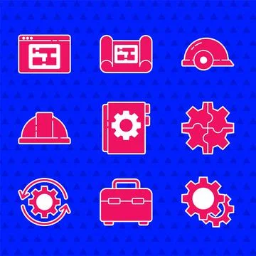 Set User manual, Toolbox, Gear, and arrows as workflow, Worker safety helmet Stock Illustration