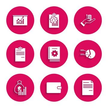 Set User manual, Wallet, Document, Pie chart infographic, Money bag and diagram Stock Illustration