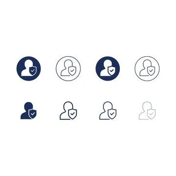 Set of user profile icons with security shield checkmarks in various styles.. Illustrazione stock