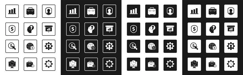 Set User protection, Human head with question mark, Shield dollar, Pie chart Stock Illustration