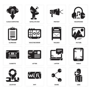 Set of User, Share, Location, Laptop, Cassette, Mailbox, Clipboard, Protest,  무료 스톡 일러스트