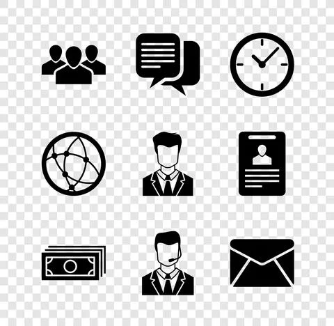 Set Users group, Chat, Clock, Stacks paper money cash, Man with headset and Illustrazione stock