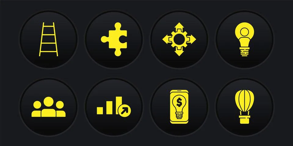 Set Users group, Head with lamp bulb, Financial growth, Light dollar on mobile Illustrazione stock