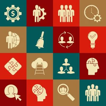 Set Users group, Human head puzzles strategy, Light bulb and check mark, Ri.. Stock Illustration