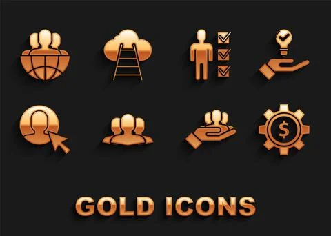 Set Users group, Light bulb in hand, Gear with dollar symbol, Project team base Illustrazione stock