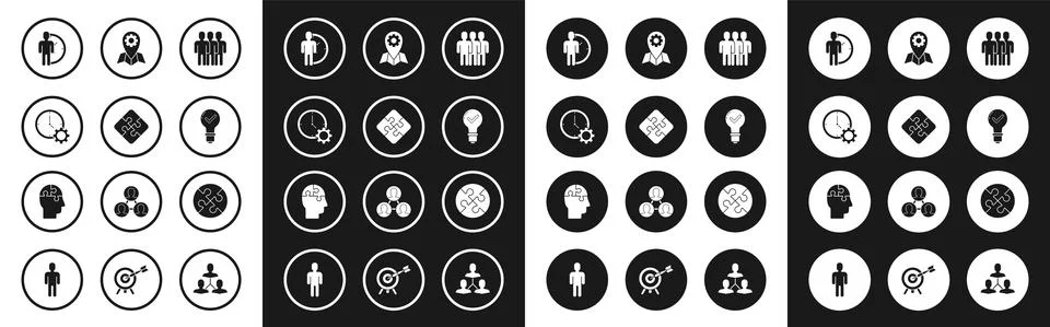 Set Users group, Piece of puzzle, Time Management, Light bulb and check mark Illustrazione stock