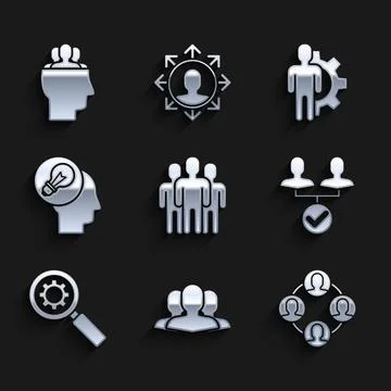 Set Users group Project team base Magnifying glass and gear Human head with l Stock Illustration