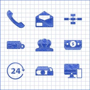 Set Users group, Stacks paper money cash, Clock 24 hours, Envelope coin dollar 스톡 일러스트