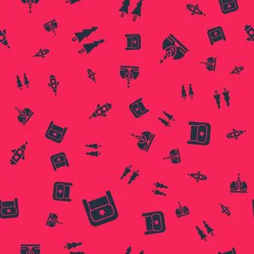 Set Ushanka, Christmas tree, Rocket ship and King crown on seamless pattern Stock Illustration
