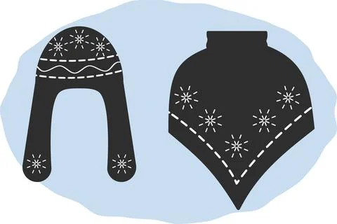 Set Ushanka Winter Hat and Warm Mantle Poncho style with snowflakes pattern and Stock Illustration