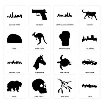 Set of utah, mistletoe, bear, sea turtle, virginia state, boxing glove, taco, Illustrazione stock gratuita