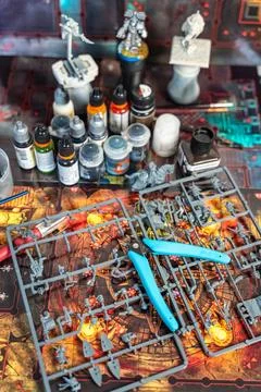 Set of utensils for cutting, assembling and painting character miniatures for Stock Photos