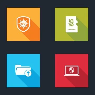Set UV protection, Micro SD memory card, Download arrow with folder and Laptop Stock Illustration