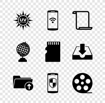 Set UV protection, Smartphone with wireless, Paper scroll, Download arrow f.. Stock Illustration