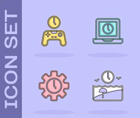 Set Vacation time, Gamepad of, Time Management and Laptop icon. Vector 스톡 일러스트