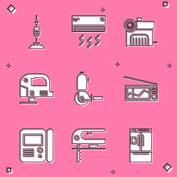 Set Vacuum cleaner, Air conditioner, compressor, Electric jigsaw, Angle gri.. Stock Illustration