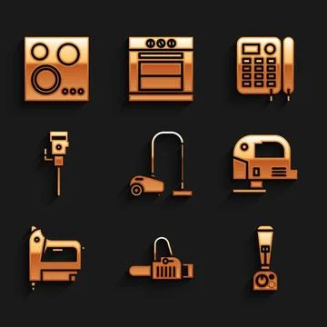 Set Vacuum cleaner, Chainsaw, Blender, Electric jigsaw, construction staple.. Stock Illustration