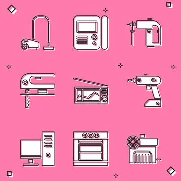 Set Vacuum cleaner, House intercom system, Rotary hammer drill machine, Electric Stock Illustration