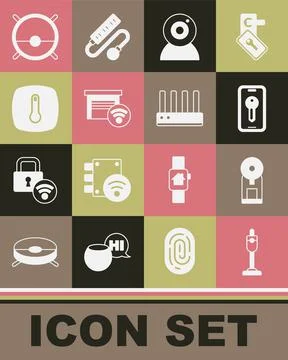Set Vacuum cleaner, Smart coffee machine, key, Web camera, garage, Thermostat Stock Illustration