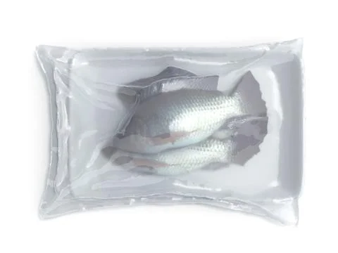 Set of vacuum packed fish 3d render on white Stock Illustration