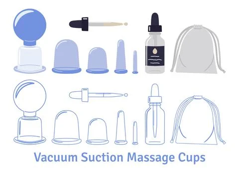Set of vacuum suction massage cups with storage bag, oil bottle. Home beauty  Stock Illustration