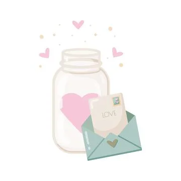 Set of Valentine Day elements. Glass jar and envelope with the greeting card. 库存插图