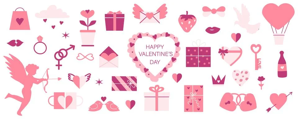 Set of Valentine day geometric elements, romantic simple icons in pink colors. Stock Illustration