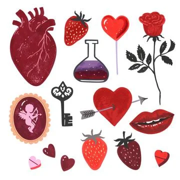 Set of Valentine elements in gothic victorian style. Hand-drawn textured ve.. Stock Illustration