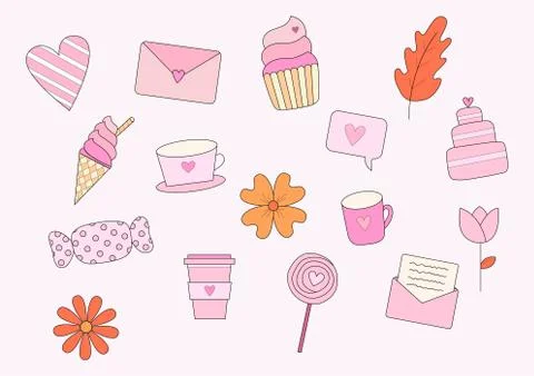 Set of valentine elements with heart, dessert, coffee mug and cup, letter and Illustrazione stock